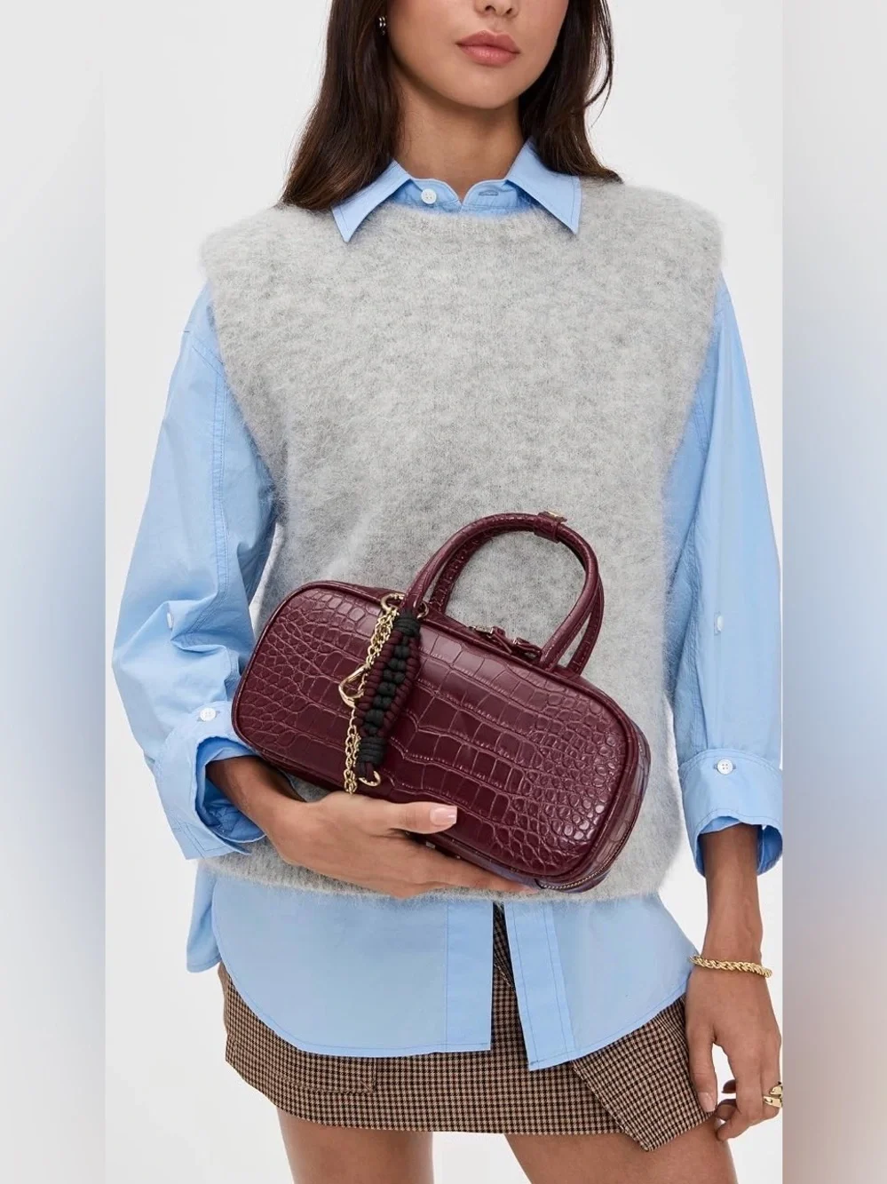 New Dolce Vita Flyn Croc-Embossed Top-Handle Satchel Handbag in Burgundy